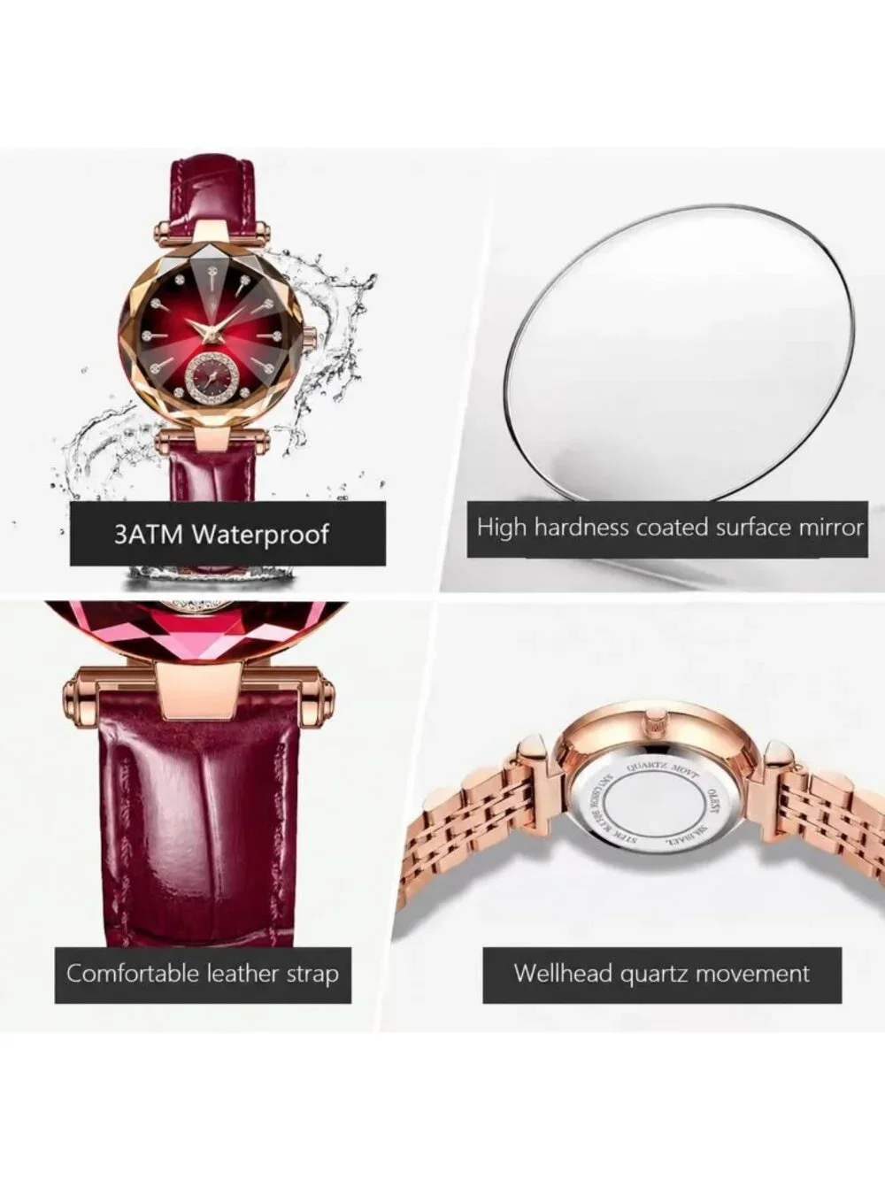 Women's Red Crystal Accents Dainty Dress Leather Strap Fashion Quartz WristWatch